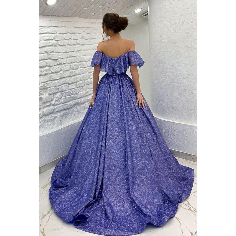 NumberSea - Chic Off The Shoulder Sparkly Prom Ball Gown with Belt