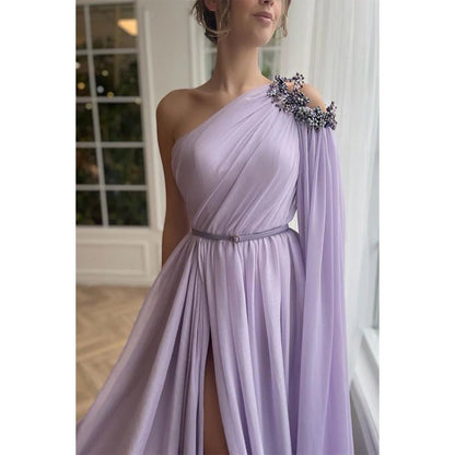 NumberSea - Chic One Shoulder Beads Boho Long Prom Formal Dress