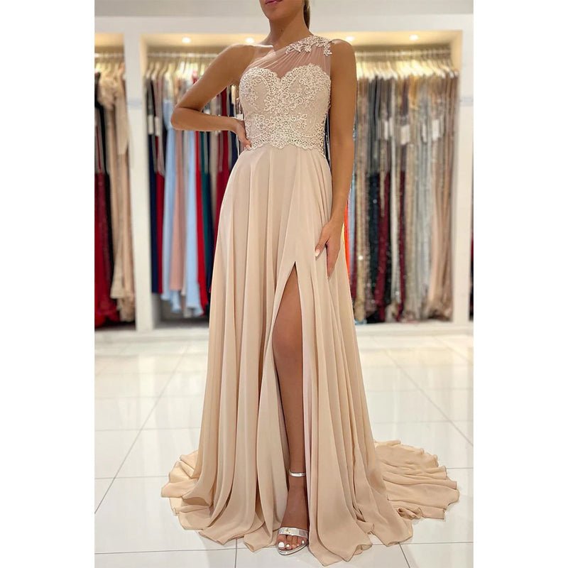 NumberSea - Chic One Shoulder Lace Appliques Chiffon Champagne Formal Evening Dress with Slit