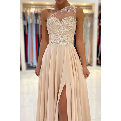 NumberSea - Chic One Shoulder Lace Appliques Chiffon Champagne Formal Evening Dress with Slit