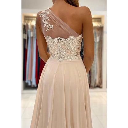 NumberSea - Chic One Shoulder Lace Appliques Chiffon Champagne Formal Evening Dress with Slit