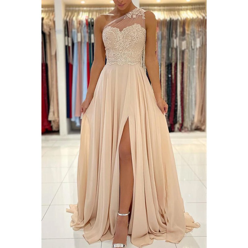 NumberSea - Chic One Shoulder Lace Appliques Chiffon Champagne Formal Evening Dress with Slit