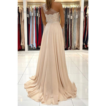 NumberSea - Chic One Shoulder Lace Appliques Chiffon Champagne Formal Evening Dress with Slit