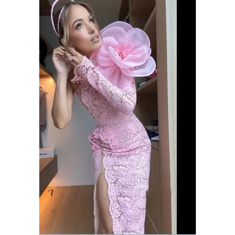 NumberSea - Chic One Shoulder Pink Lace Long Sleeves Floral Prom Dress Evening Gown