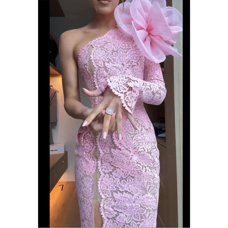 NumberSea - Chic One Shoulder Pink Lace Long Sleeves Floral Prom Dress Evening Gown