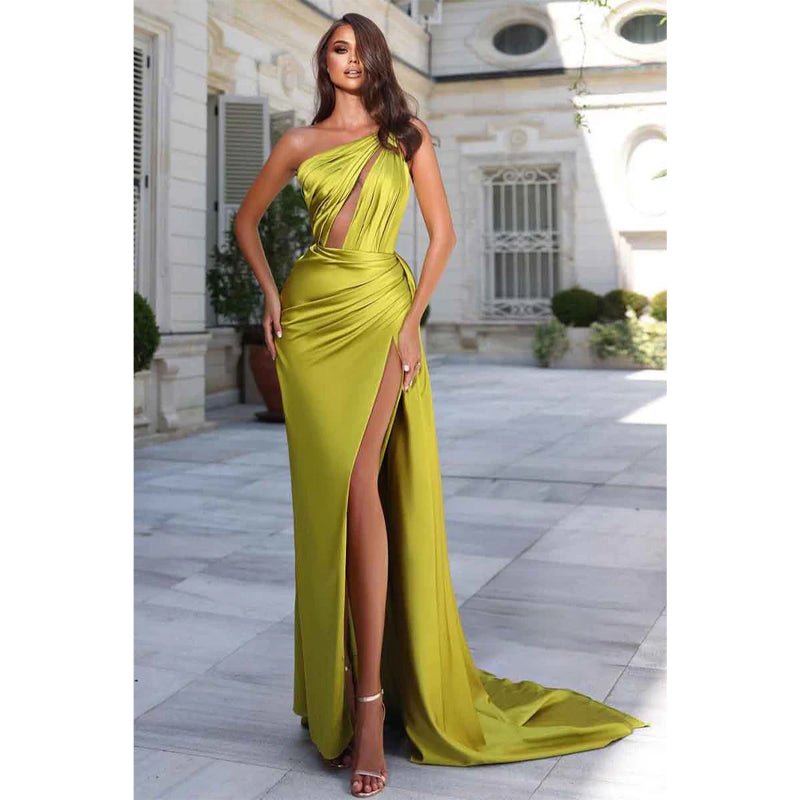 NumberSea - Chic One Shoulder Satin Pleats Long Mermaid Prom Party Dress with Slit