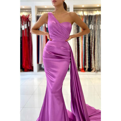 NumberSea - Chic One Shoulder Satin Pleats Mermaid Formal Evening Dress