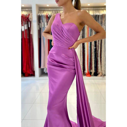 NumberSea - Chic One Shoulder Satin Pleats Mermaid Formal Evening Dress