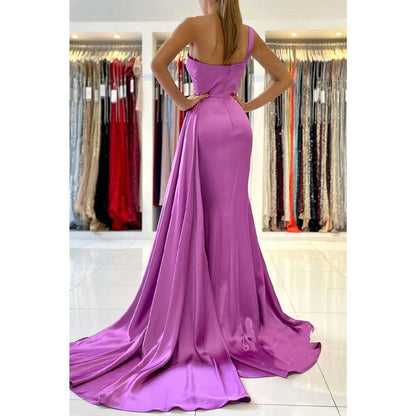 NumberSea - Chic One Shoulder Satin Pleats Mermaid Formal Evening Dress