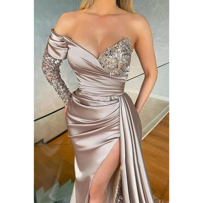 NumberSea - Chic One Shoulder Sequins Pleats One Sleeves Satin Long Prom Dress