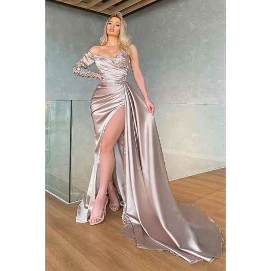 NumberSea - Chic One Shoulder Sequins Pleats One Sleeves Satin Long Prom Dress