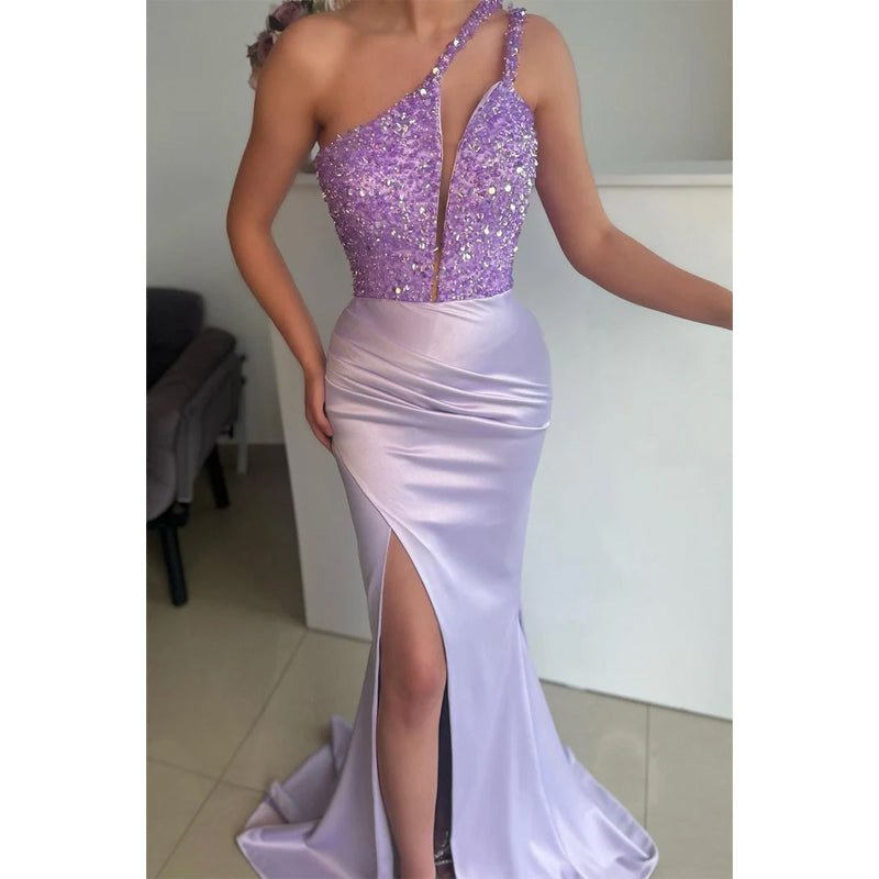 NumberSea - Chic One Shoulder Sexy High Split Mermaid Formal Evening Gowns