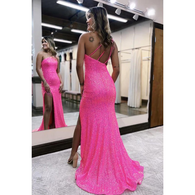 NumberSea - Chic One - Shoulder Sleeveless Sequins Side Slit Mermaid Party Prom Dress