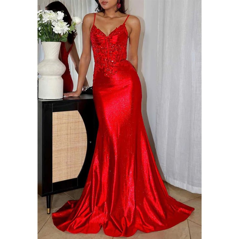 NumberSea - Chic Red V - neck Spaghetti Straps Appliques Beaded Party Prom Evening Dress