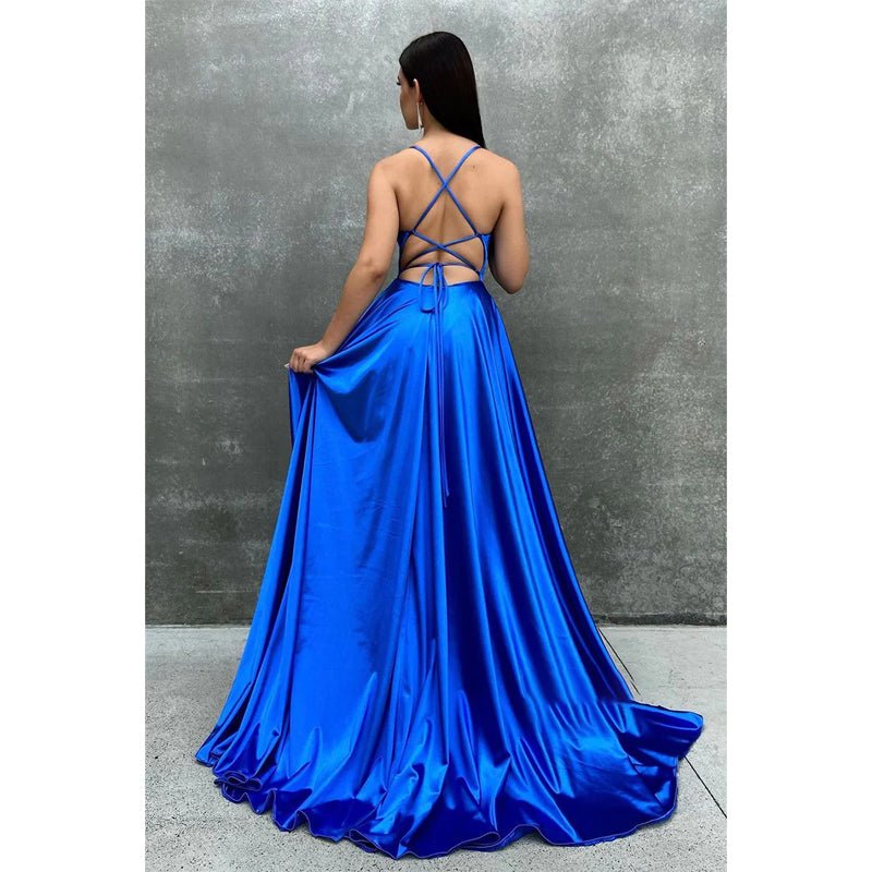 NumberSea - Chic Scoop Blue Satin Pleats Split Simple Prom Dress with Pockets