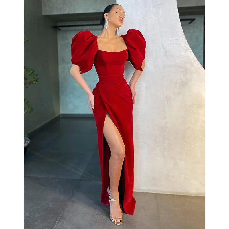 NumberSea - Chic Scoop Half Sleeves Red Vintage Prom Dress with Slit