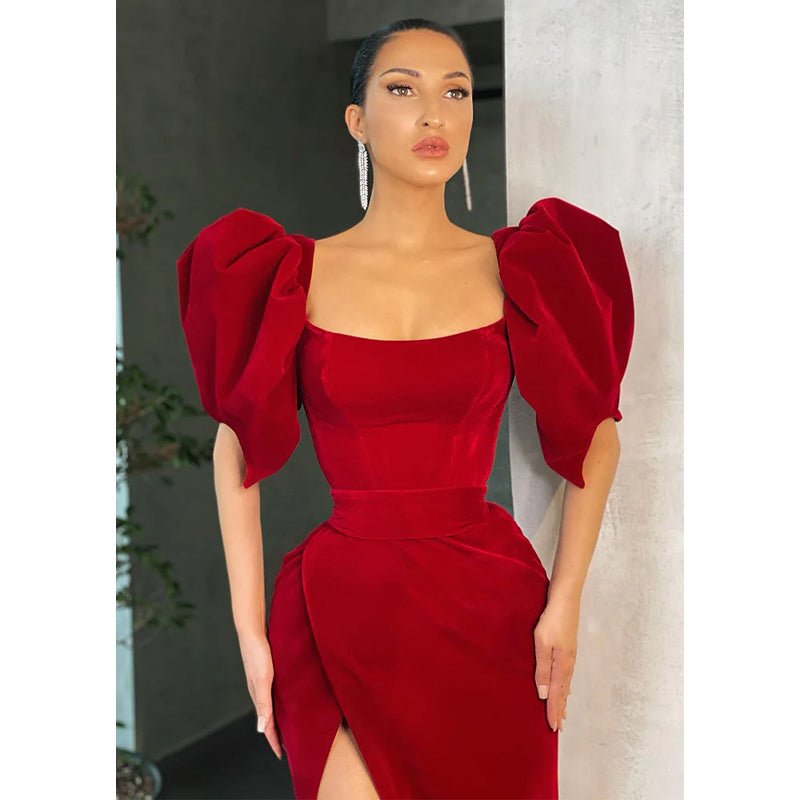 NumberSea - Chic Scoop Half Sleeves Red Vintage Prom Dress with Slit