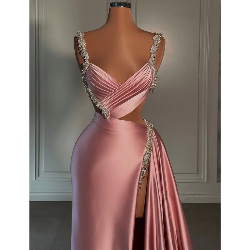 NumberSea - Chic Sheath Beaded Straps Pink Pleats Vintage Long Prom Dress Evening Gown