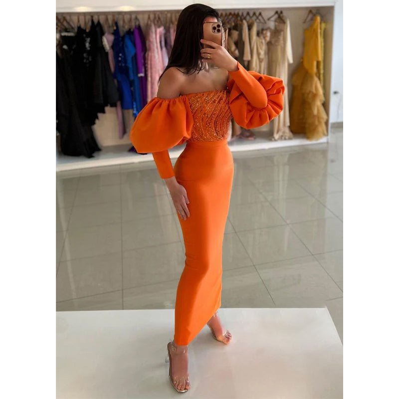 NumberSea - Chic & Sheath Off - shoulder Beaded Orange Puff Sleeves Long Gown Formal Dress