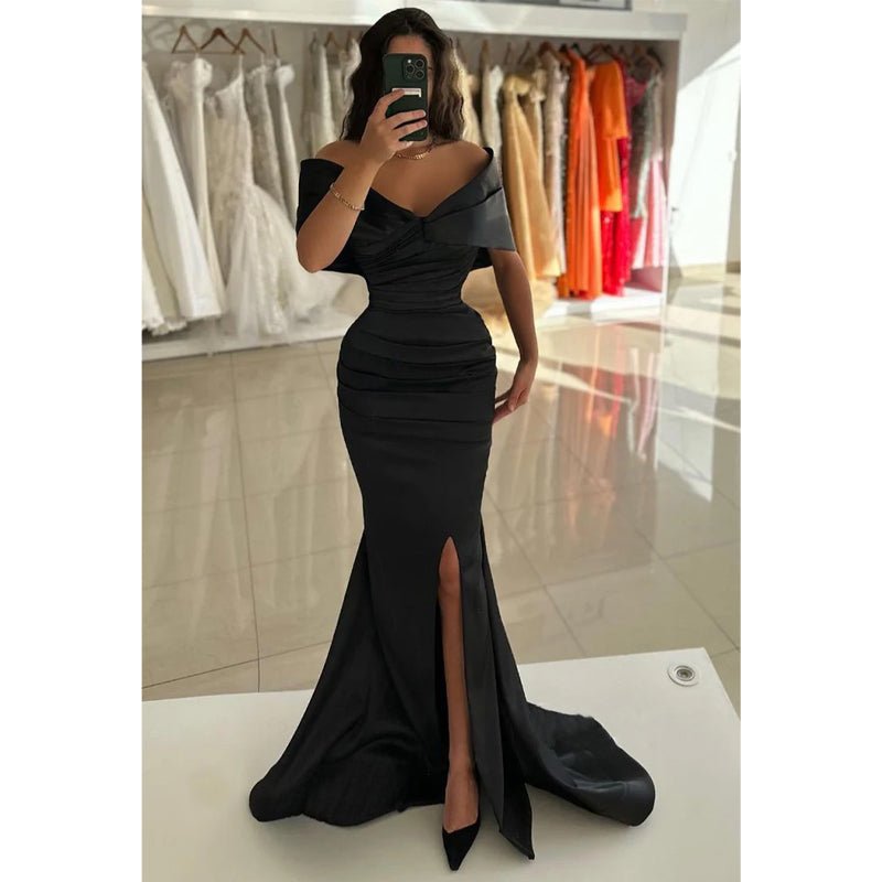 NumberSea - Chic Sheath Off Shoulder Satin Pleats Prom Formal Evening Dress