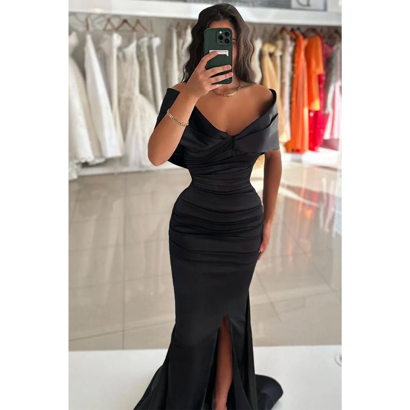 NumberSea - Chic Sheath Off Shoulder Satin Pleats Prom Formal Evening Dress