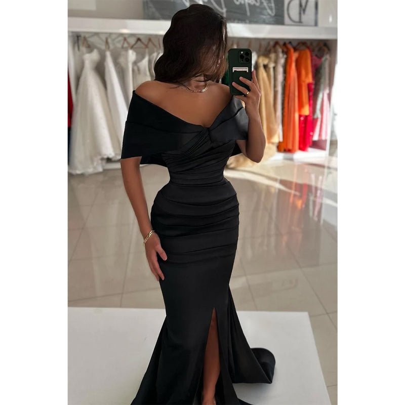 NumberSea - Chic Sheath Off Shoulder Satin Pleats Prom Formal Evening Dress