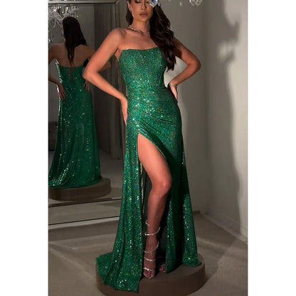 NumberSea - Chic Side slit Off - Shoulder Sleeveless Sequins Evening Party Prom Dress