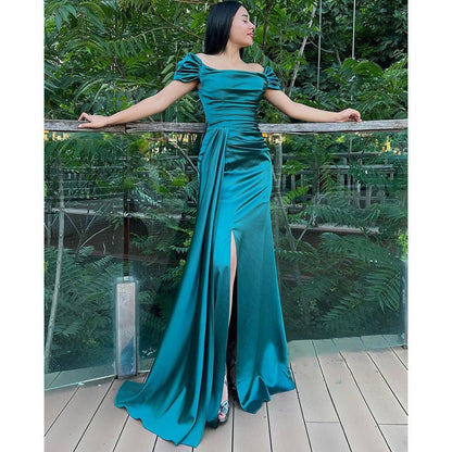 NumberSea - Chic Simple Off - shoulder Pleats Blue Long Prom Dress with Train