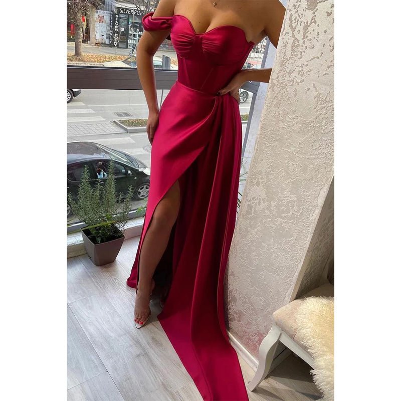 NumberSea - Chic & Simple One Shoulder Satin Pleats Burgundy Long Formal Evening Dress