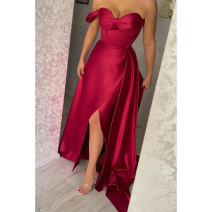 NumberSea - Chic & Simple One Shoulder Satin Pleats Burgundy Long Formal Evening Dress