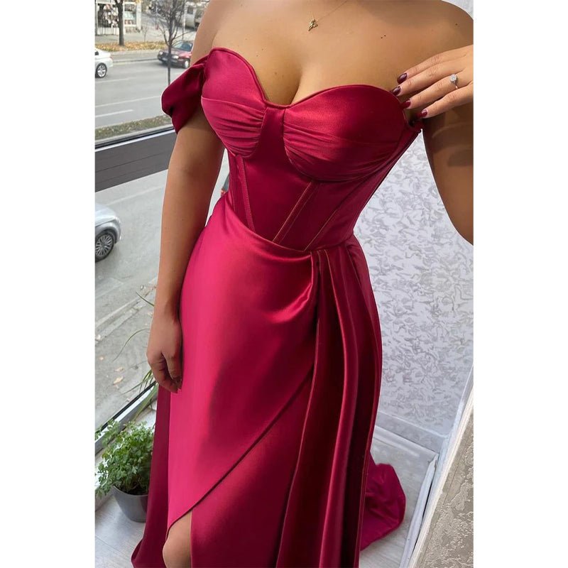 NumberSea - Chic & Simple One Shoulder Satin Pleats Burgundy Long Formal Evening Dress