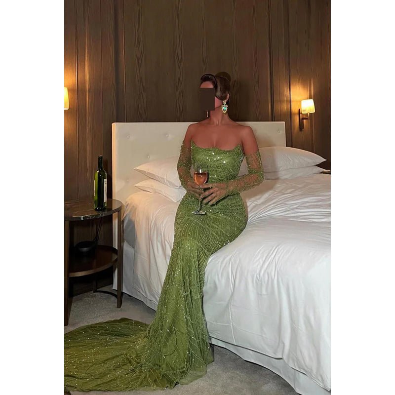 NumberSea - Chic & Sparkly Off - Shoulder Mermaid Long Sleeves Evening Party Prom Dress