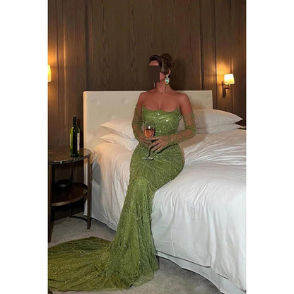 NumberSea - Chic & Sparkly Off - Shoulder Mermaid Long Sleeves Evening Party Prom Dress