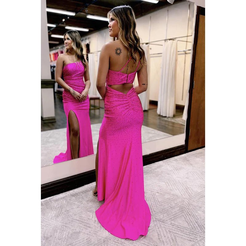 NumberSea - Chic Sparkly One Shoulder Sleeveless Slit Sequis Party Prom Dress