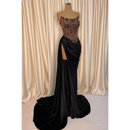 NumberSea - Chic Strapless Beads Black Long Formal Evening Gowns with Slit