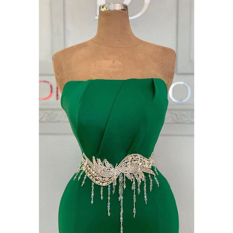 NumberSea - Chic Strapless Green Satin Pleats Mermaid Long Formal Evening Gowns