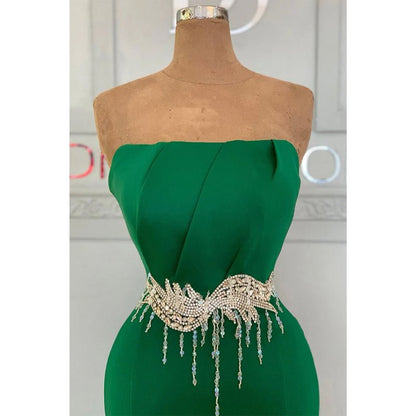 NumberSea - Chic Strapless Green Satin Pleats Mermaid Long Formal Evening Gowns