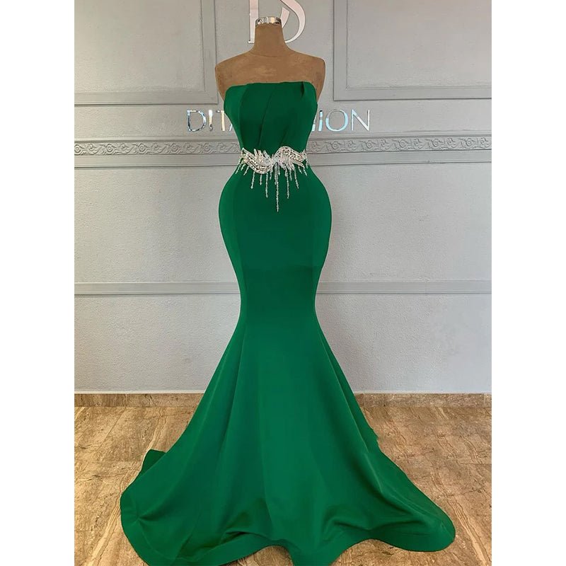 NumberSea - Chic Strapless Green Satin Pleats Mermaid Long Formal Evening Gowns