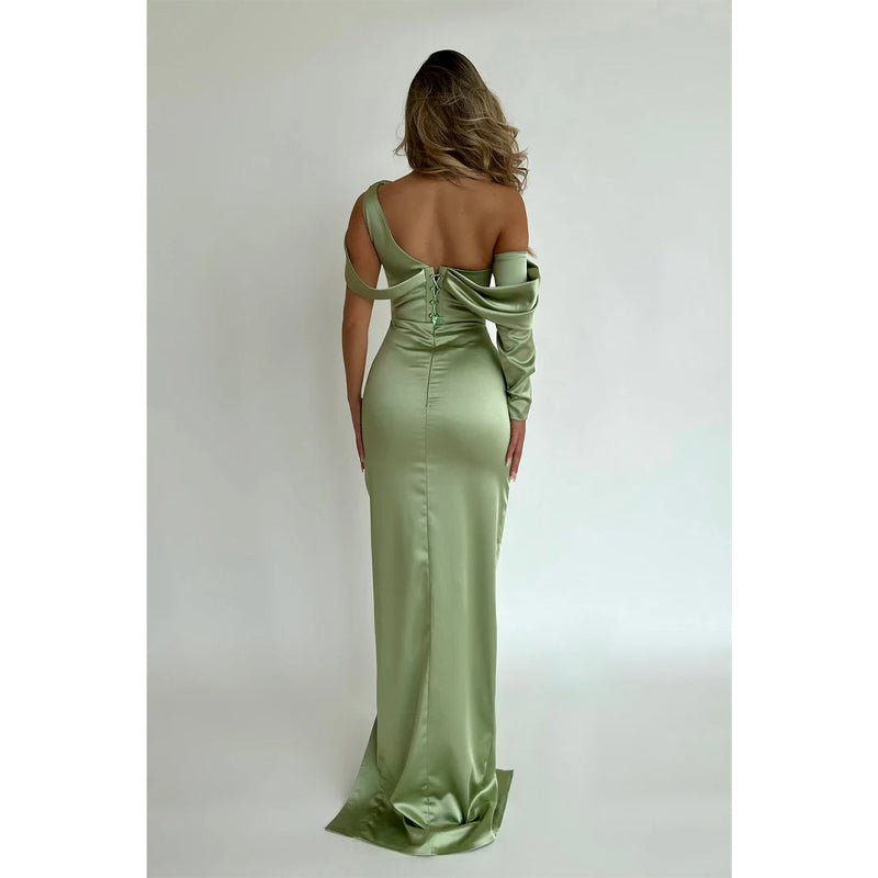 NumberSea - Chic Unique One Shoulder Satin Beaded Long Prom Dress Pageant Dress