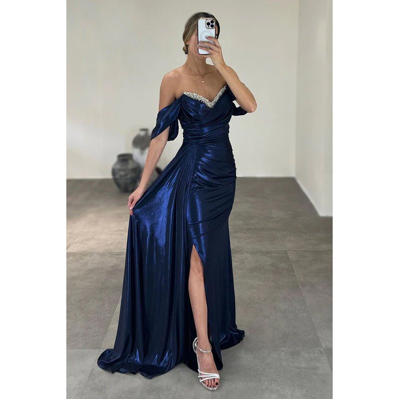 NumberSea - Chic V - Neck Cap Sleeves Sheath Side Slit Formal Prom Dress