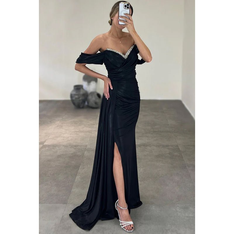 NumberSea - Chic V - Neck Cap Sleeves Sheath Side Slit Formal Prom Dress