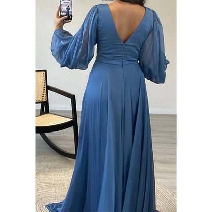 NumberSea - Chic V - neck Long Sleeve Beaded Waist A - line Long Prom Formal Dress