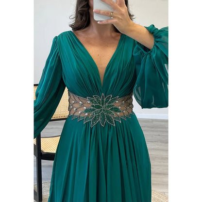 NumberSea - Chic V - neck Long Sleeve Beaded Waist A - line Long Prom Formal Dress