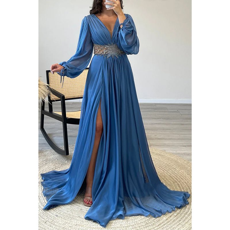 NumberSea - Chic V - neck Long Sleeve Beaded Waist A - line Long Prom Formal Dress