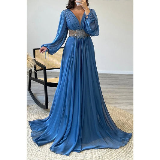 NumberSea - Chic V - neck Long Sleeve Beaded Waist A - line Long Prom Formal Dress