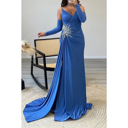 NumberSea - Chic V - neck Strapless Beaded Pleats Blue Long Prom Dress Evening Gown