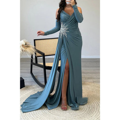 NumberSea - Chic V - neck Strapless Beaded Pleats Blue Long Prom Dress Evening Gown