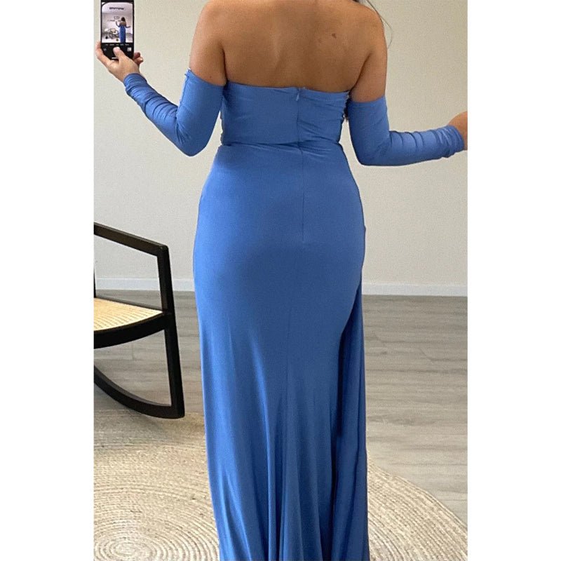 NumberSea - Chic V - neck Strapless Beaded Pleats Blue Long Prom Dress Evening Gown