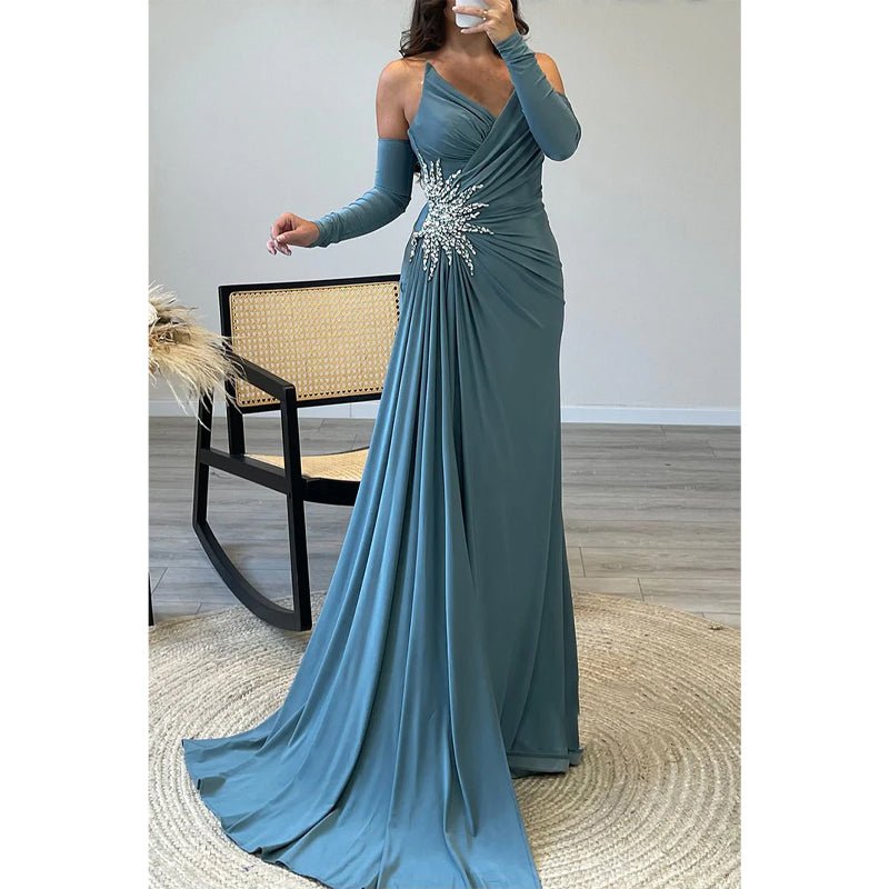 NumberSea - Chic V - neck Strapless Beaded Pleats Blue Long Prom Dress Evening Gown