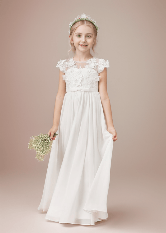 NumberSea - Chiffon Tulle Floor - length Ivory First Communion Dress